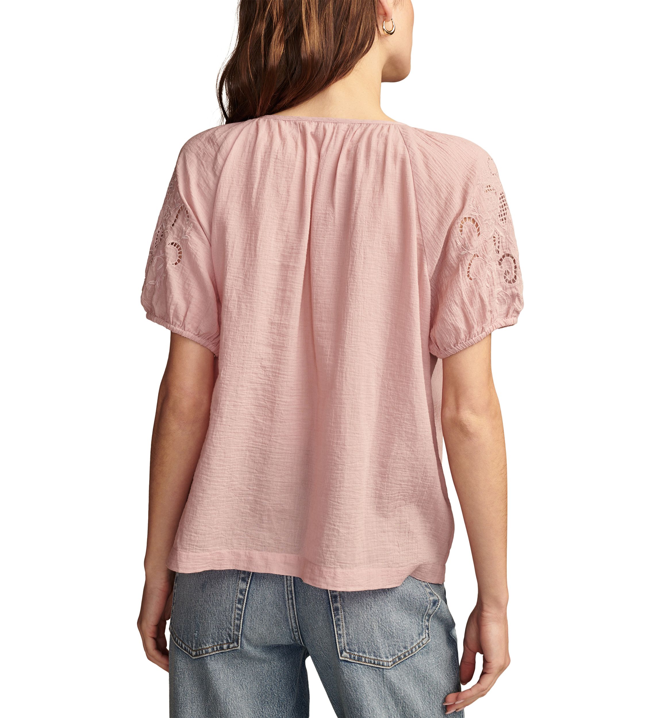 Womens Split Neck Lace Embroidered Woven Top