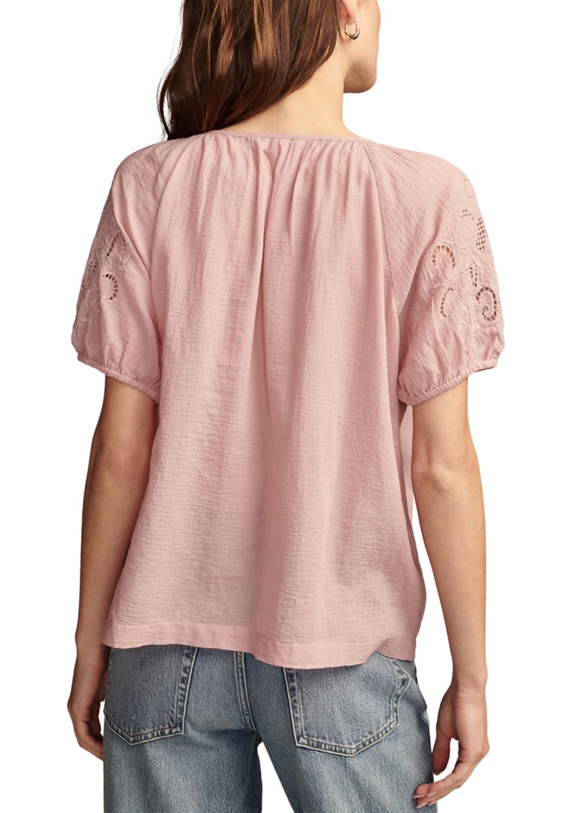 Womens Split Neck Lace Embroidered Woven Top