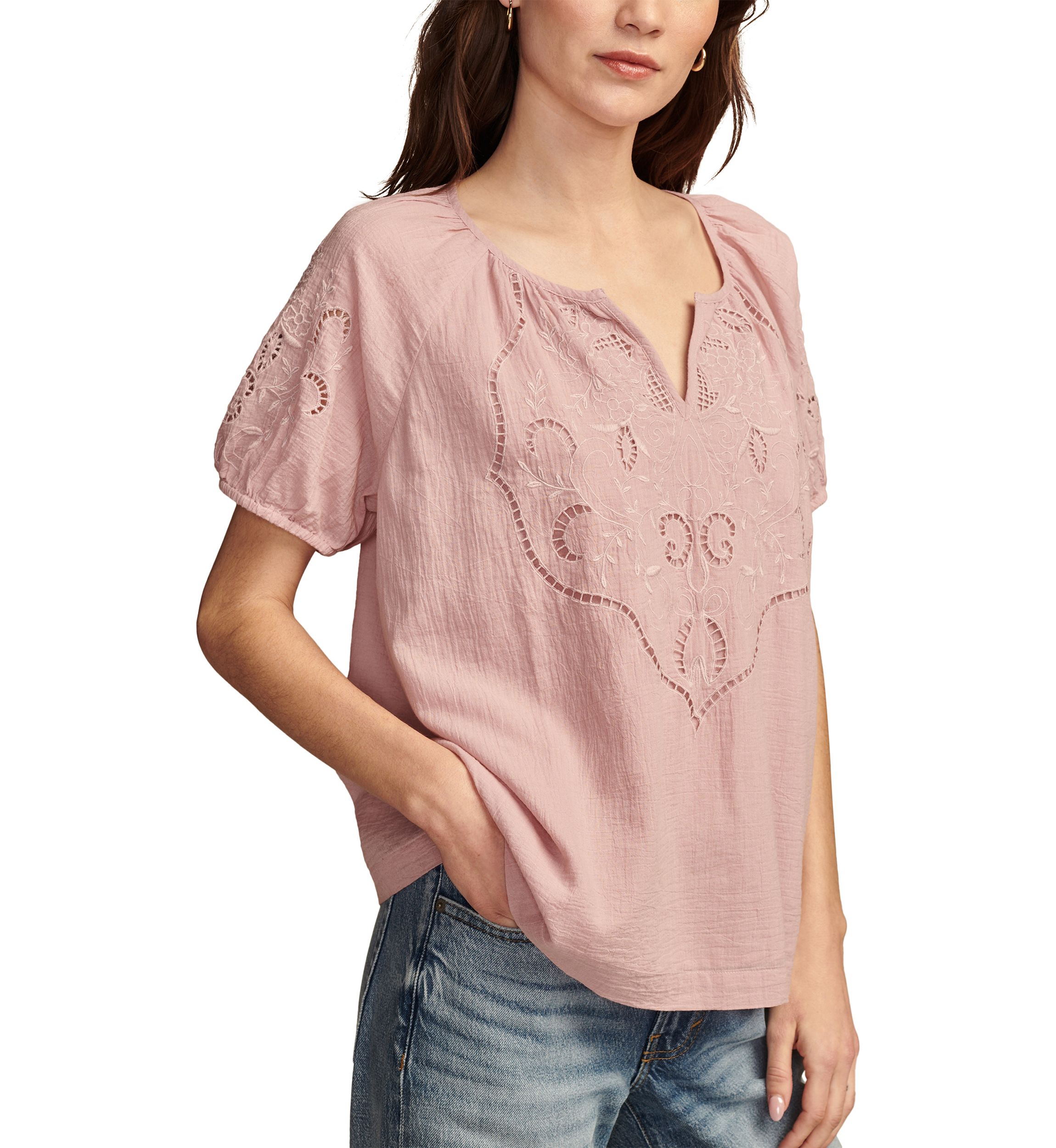 Womens Split Neck Lace Embroidered Woven Top