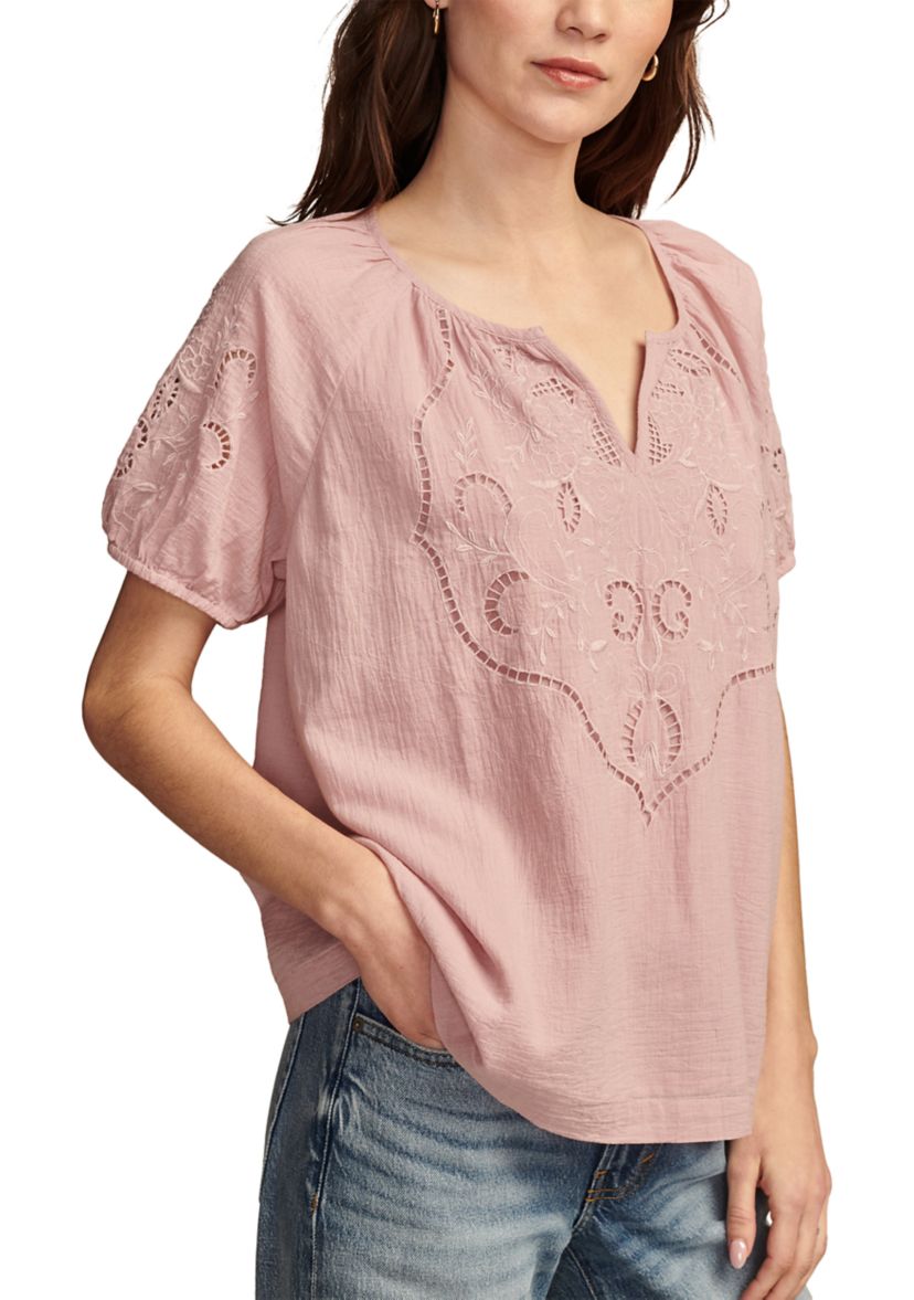 Womens Split Neck Lace Embroidered Woven Top