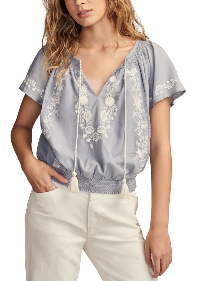Womens Flutter Sleeve Embroidered Peasant Top