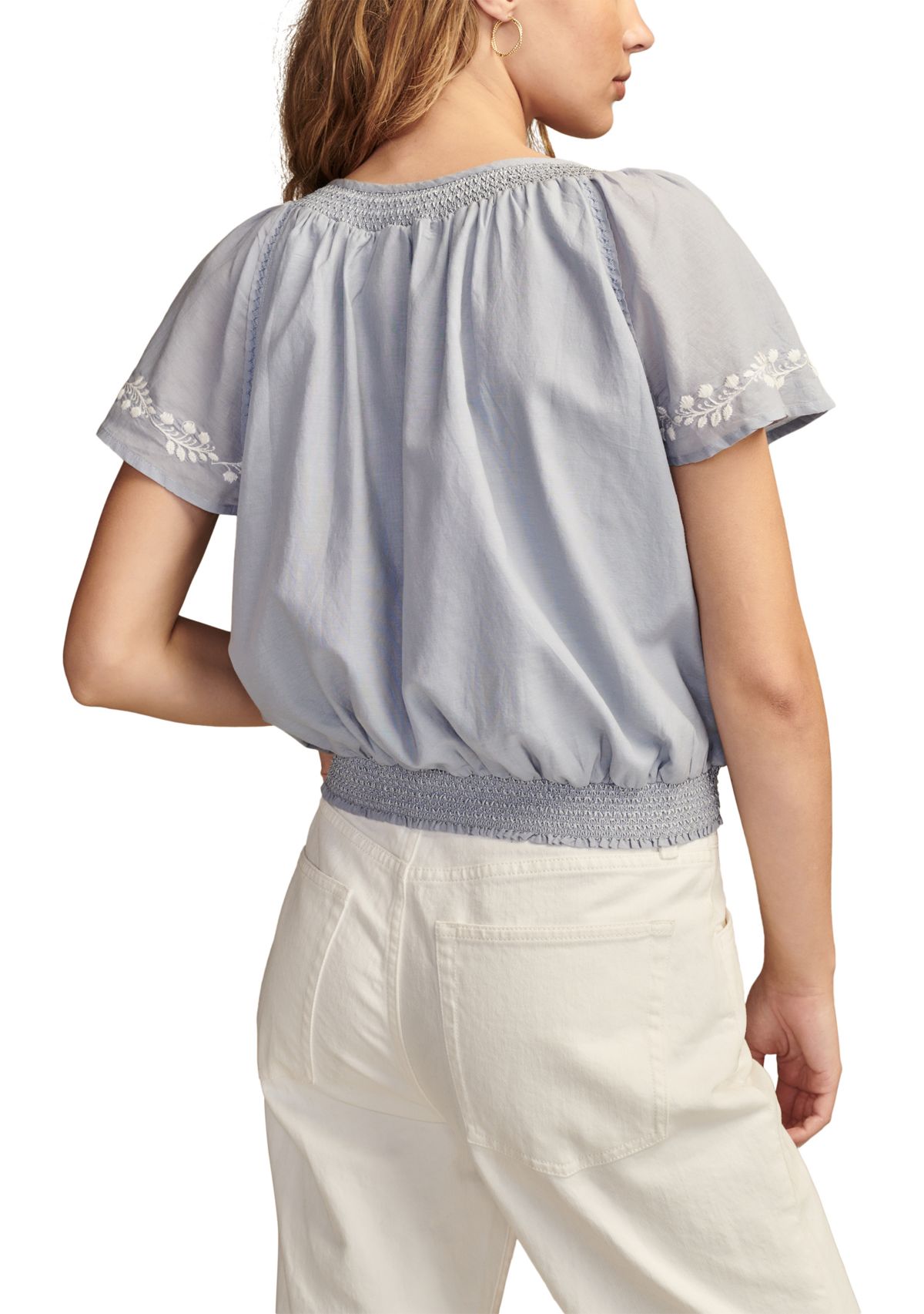 Womens Flutter Sleeve Embroidered Peasant Top