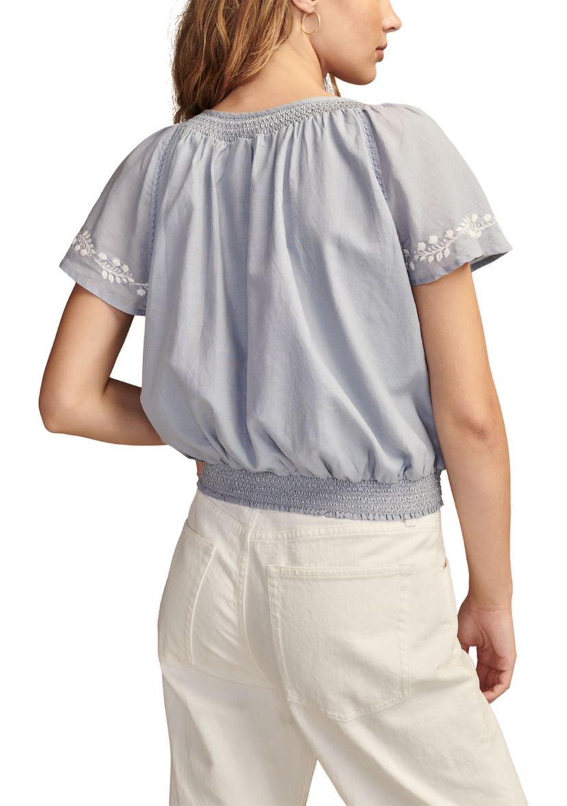 Womens Flutter Sleeve Embroidered Peasant Top