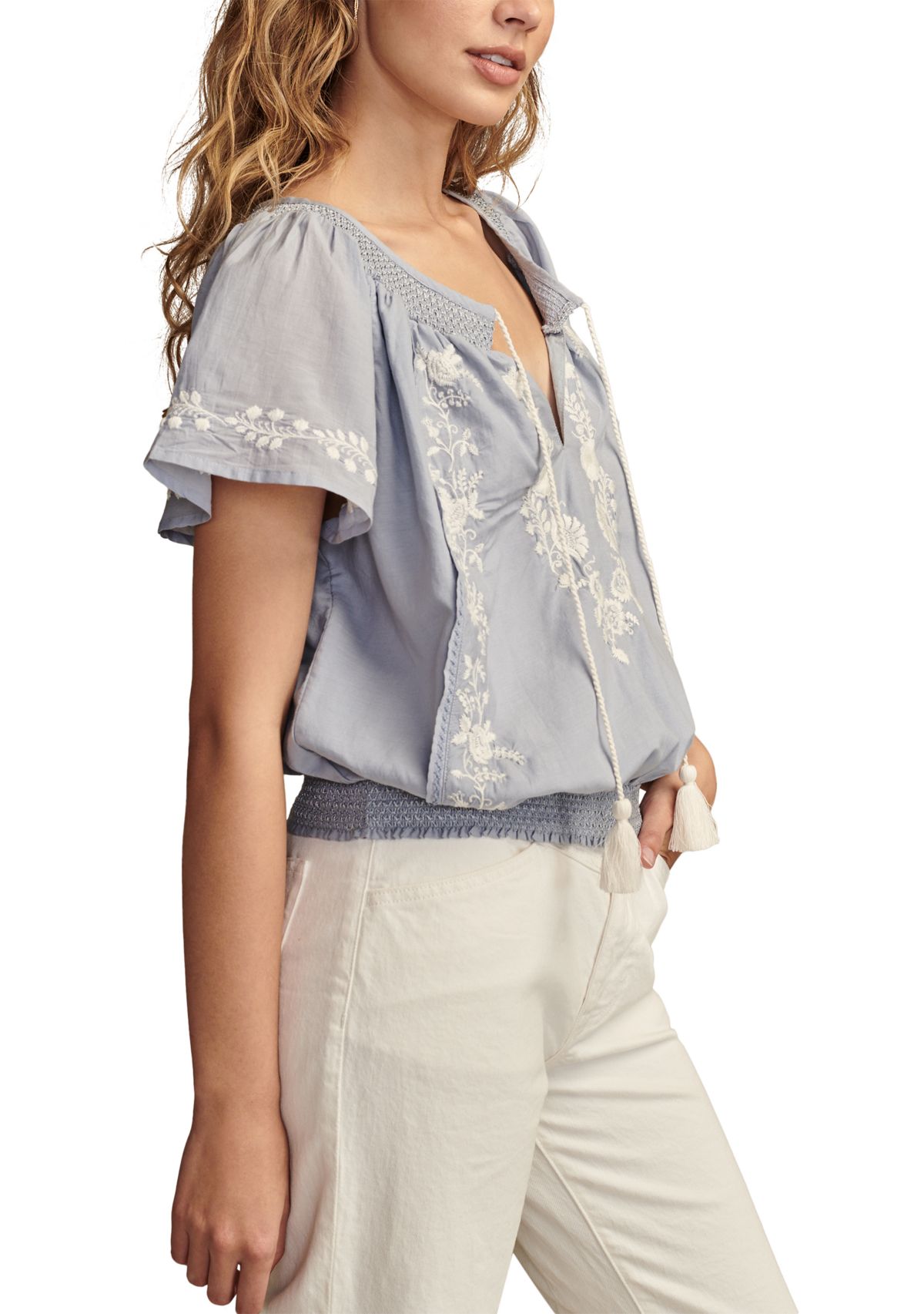 Womens Flutter Sleeve Embroidered Peasant Top