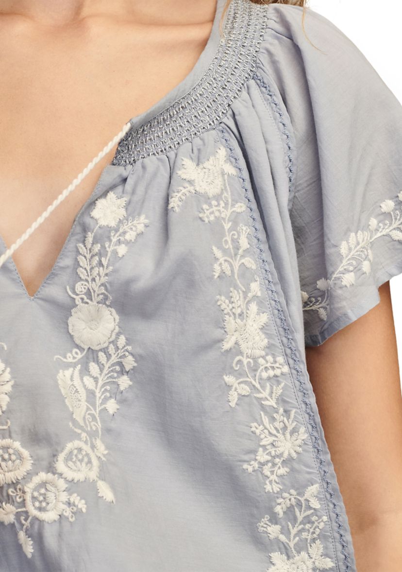 Womens Flutter Sleeve Embroidered Peasant Top
