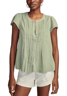 Women's Pintuck Woven Button Front Top