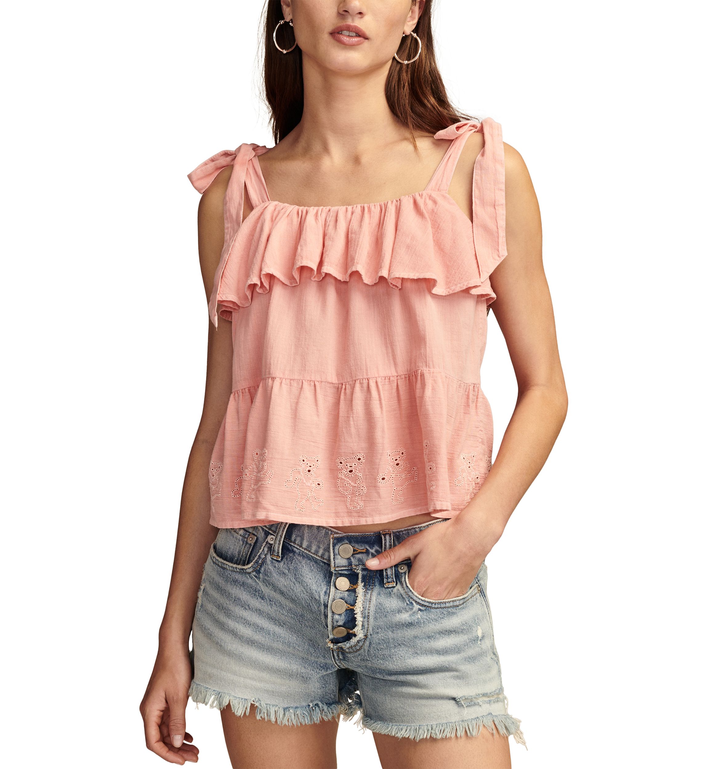 Womens Tie Shoulder Eyelet Top