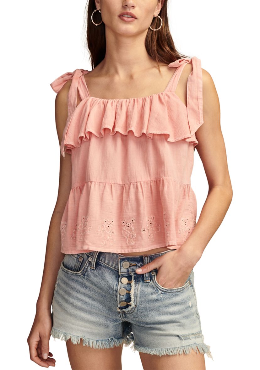 Womens Tie Shoulder Eyelet Top