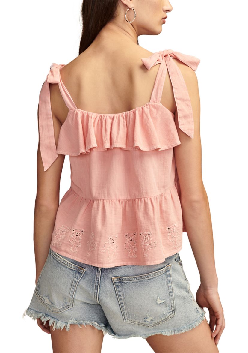 Womens Tie Shoulder Eyelet Top