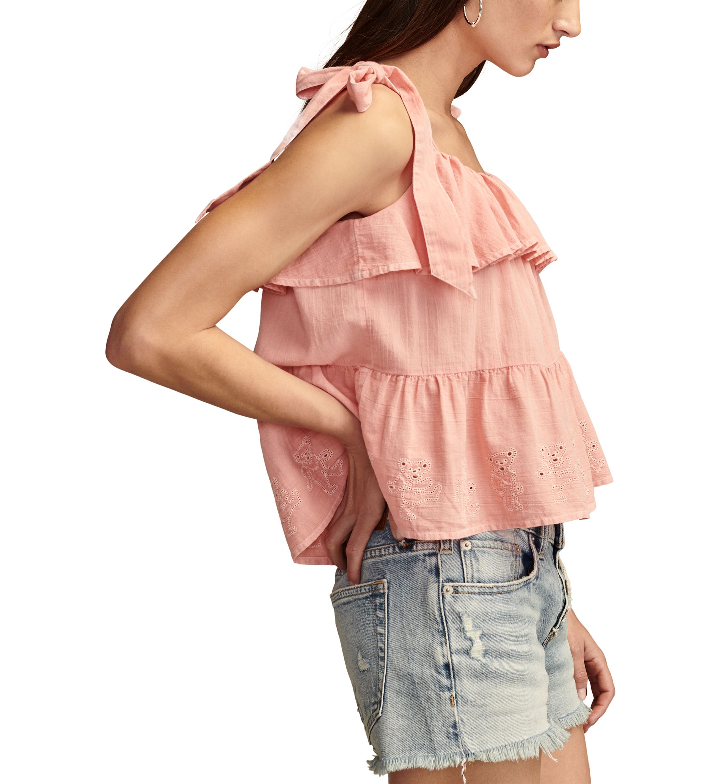 Womens Tie Shoulder Eyelet Top