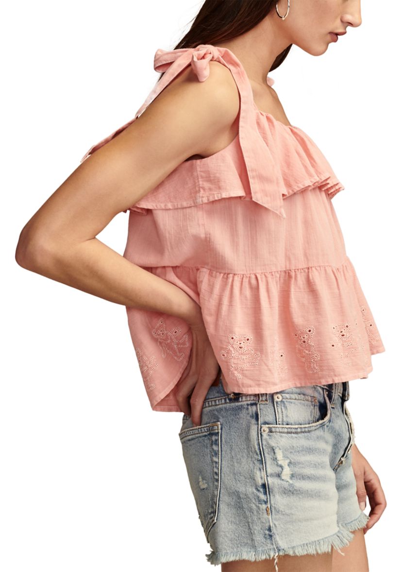 Womens Tie Shoulder Eyelet Top