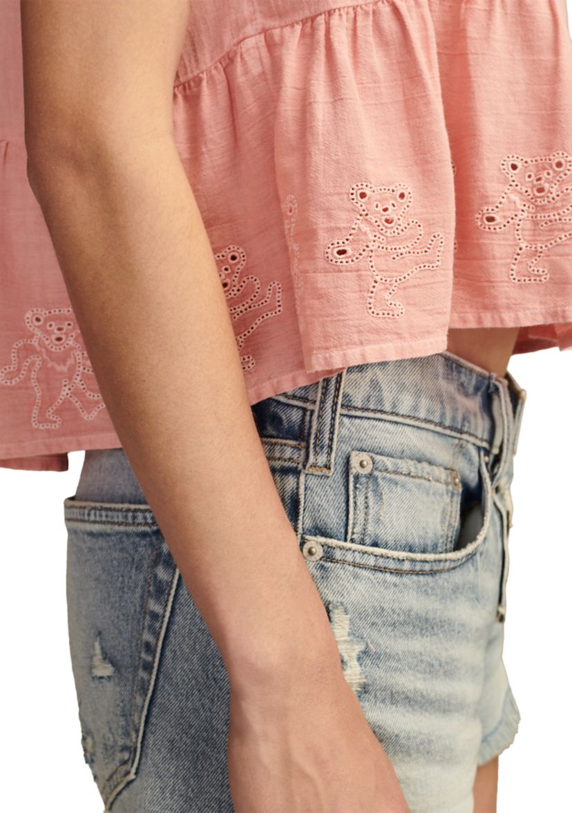 Womens Tie Shoulder Eyelet Top