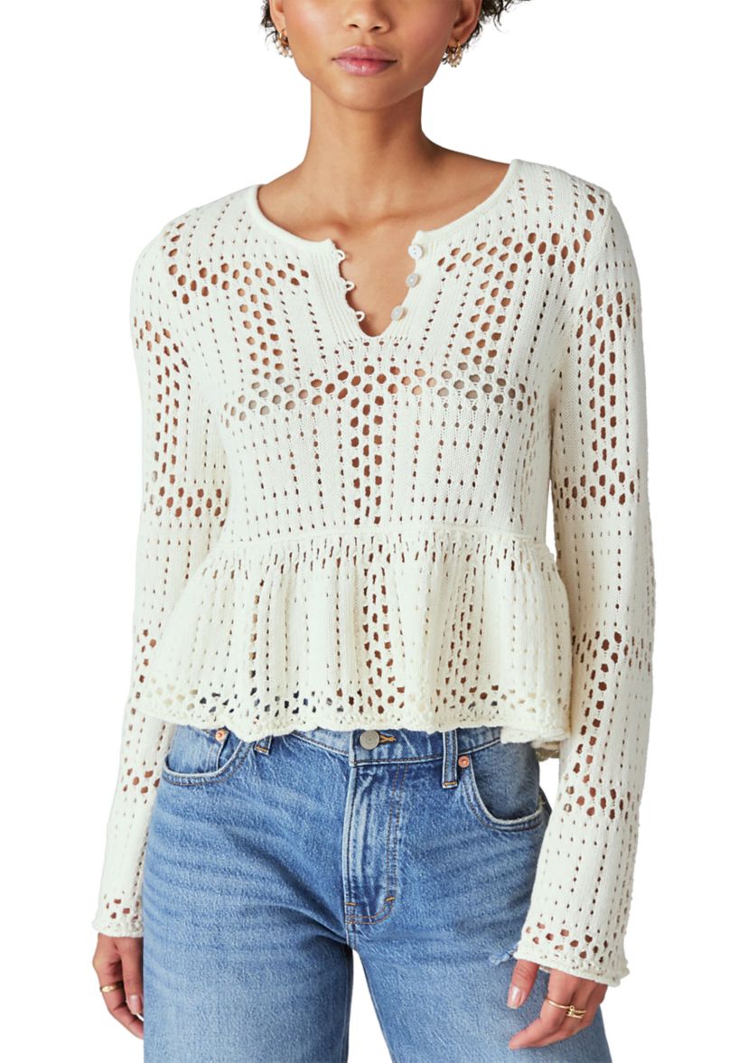 Womens Open Stitch Bell Sleeve Sweater 