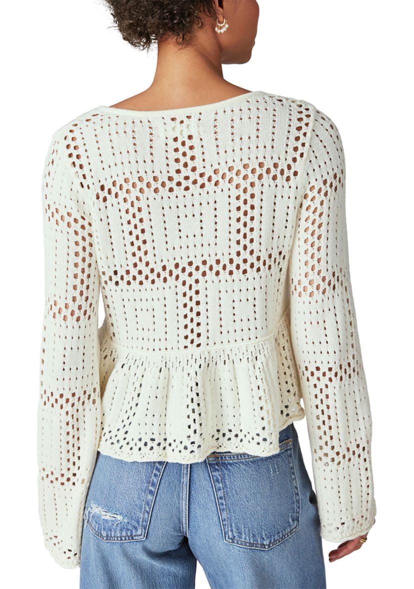 Womens Open Stitch Bell Sleeve Sweater 