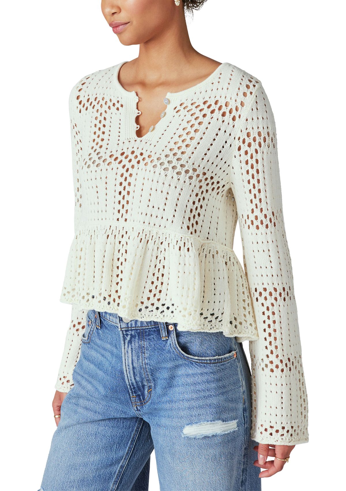 Womens Open Stitch Bell Sleeve Sweater 