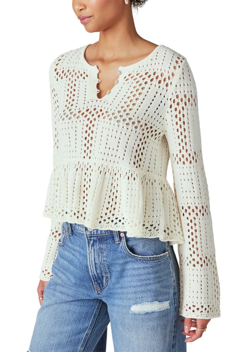Womens Open Stitch Bell Sleeve Sweater 