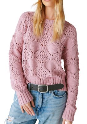 Lucky Brand Womens Pullover Knitted Sweater Crew Neck White Pink