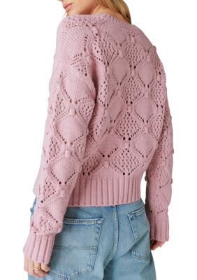 Lucky Brand Snagging Pink Fuzzy Eyelash Cable Knit V Neck Sweater Sz M NWT