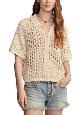 Women's Short Sleeve Crochet Button Cardigan