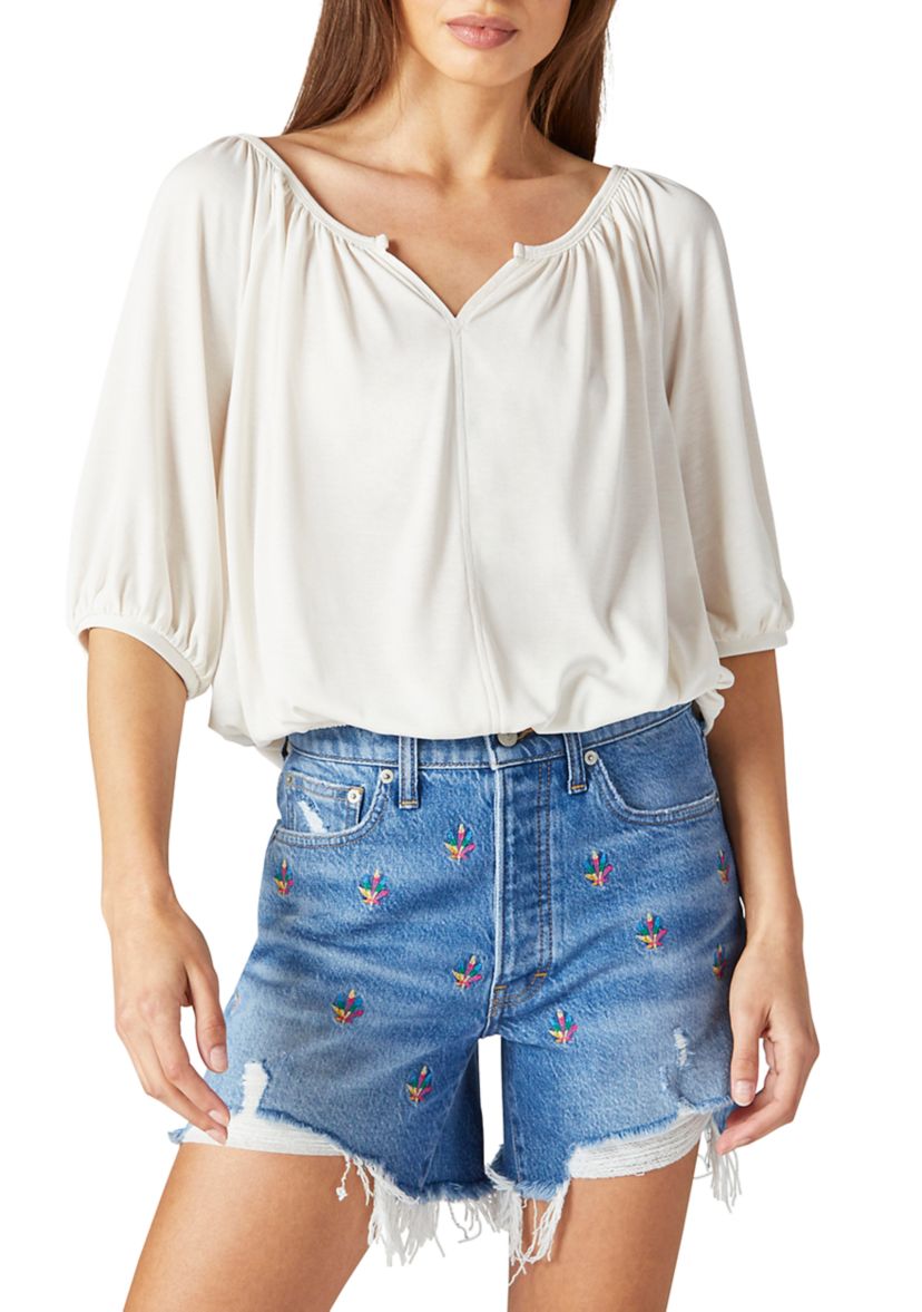 3/4 Sleeve Split Neck Knit Peasant Top 