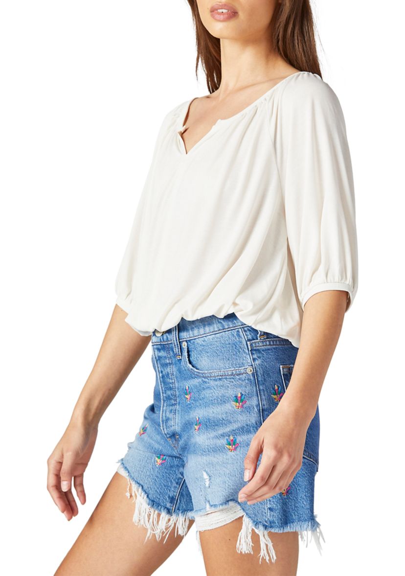 3/4 Sleeve Split Neck Knit Peasant Top 