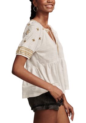 Short Sleeve Embroidered Peasant Knit Top