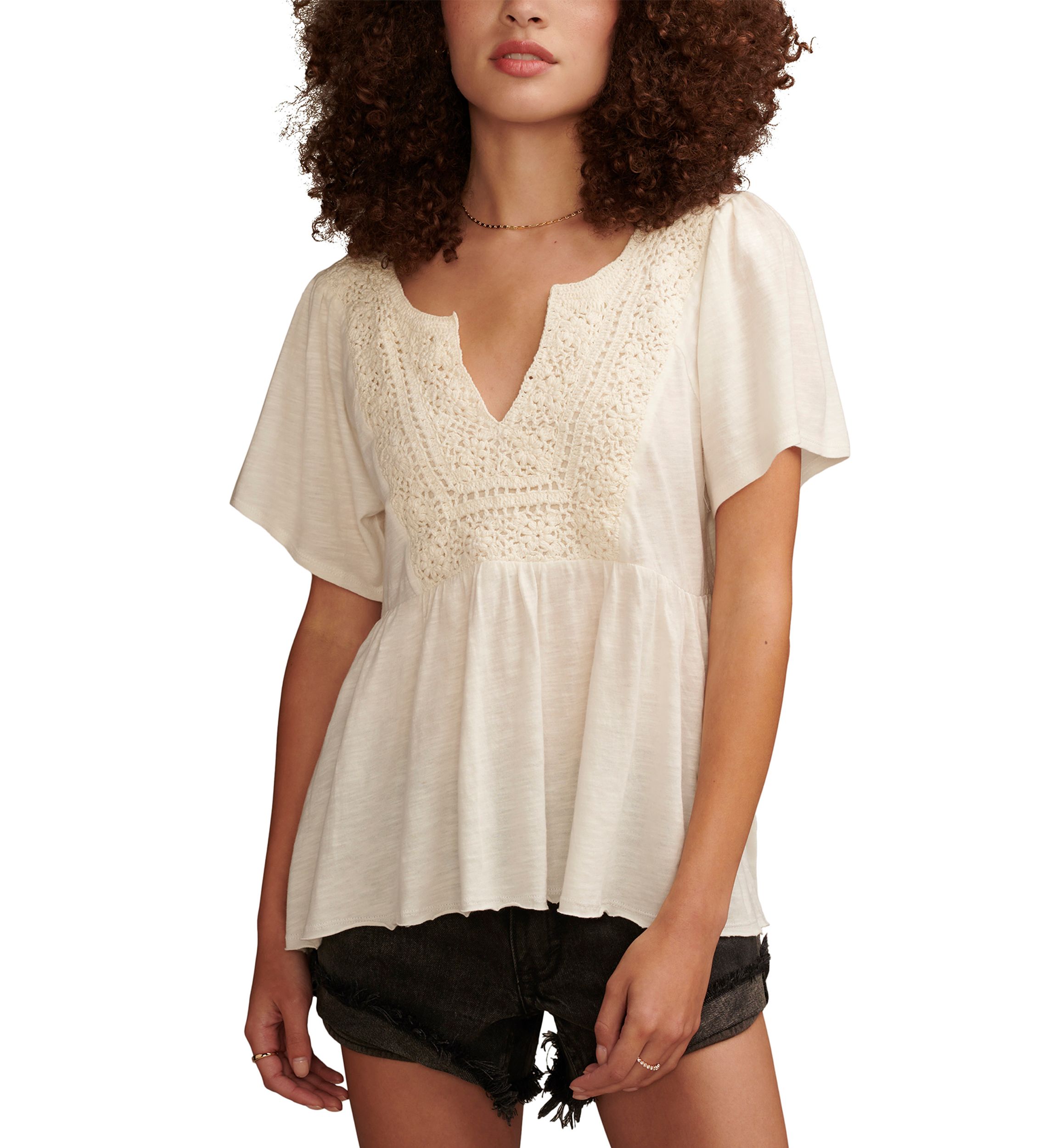 Short Sleeve Crochet Babydoll Knit Top