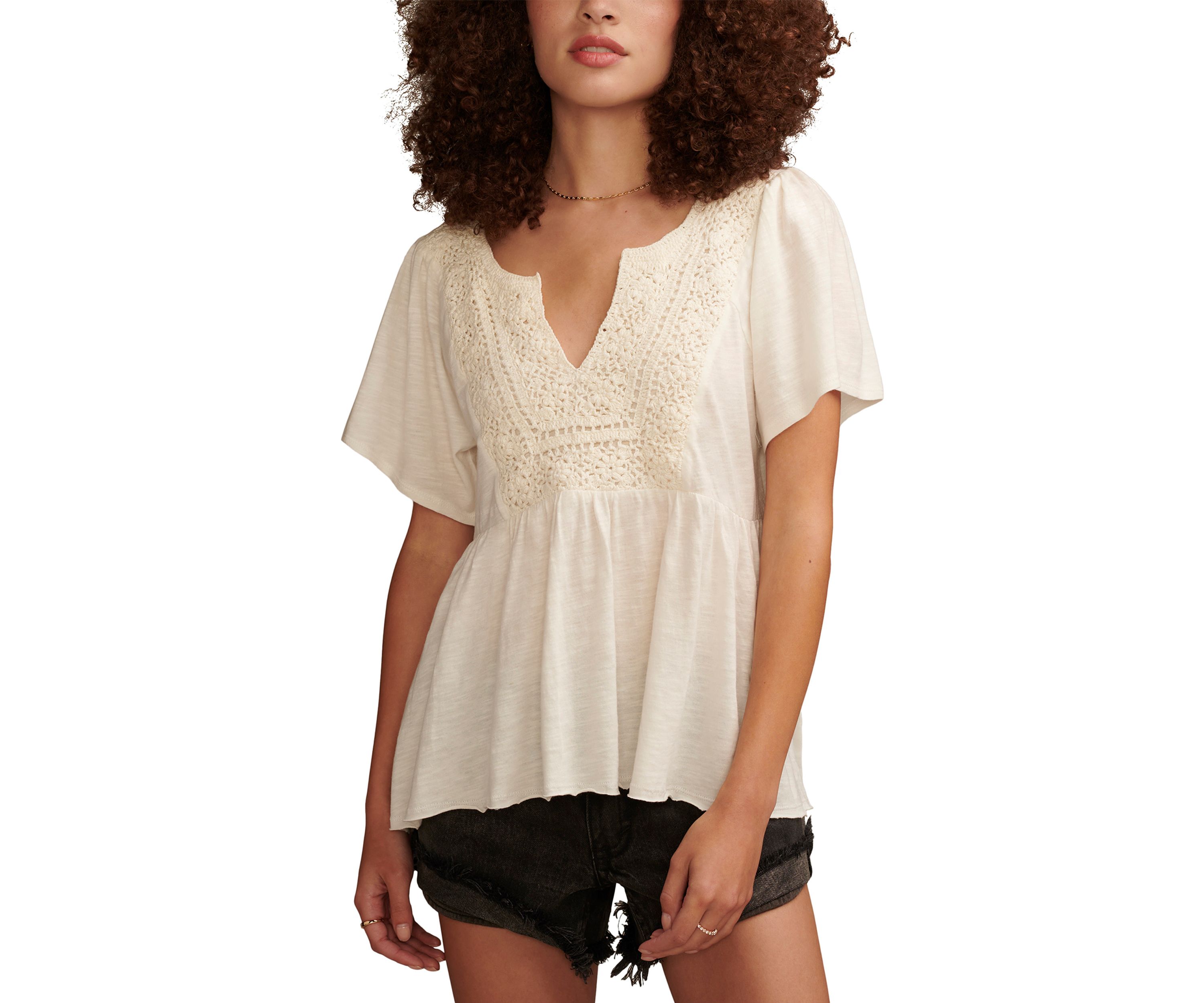 Short Sleeve Crochet Babydoll Knit Top