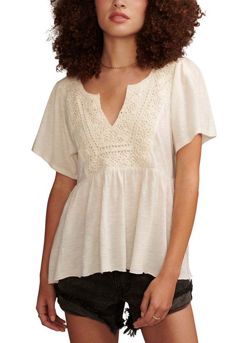 Short Sleeve Crochet Babydoll Knit Top