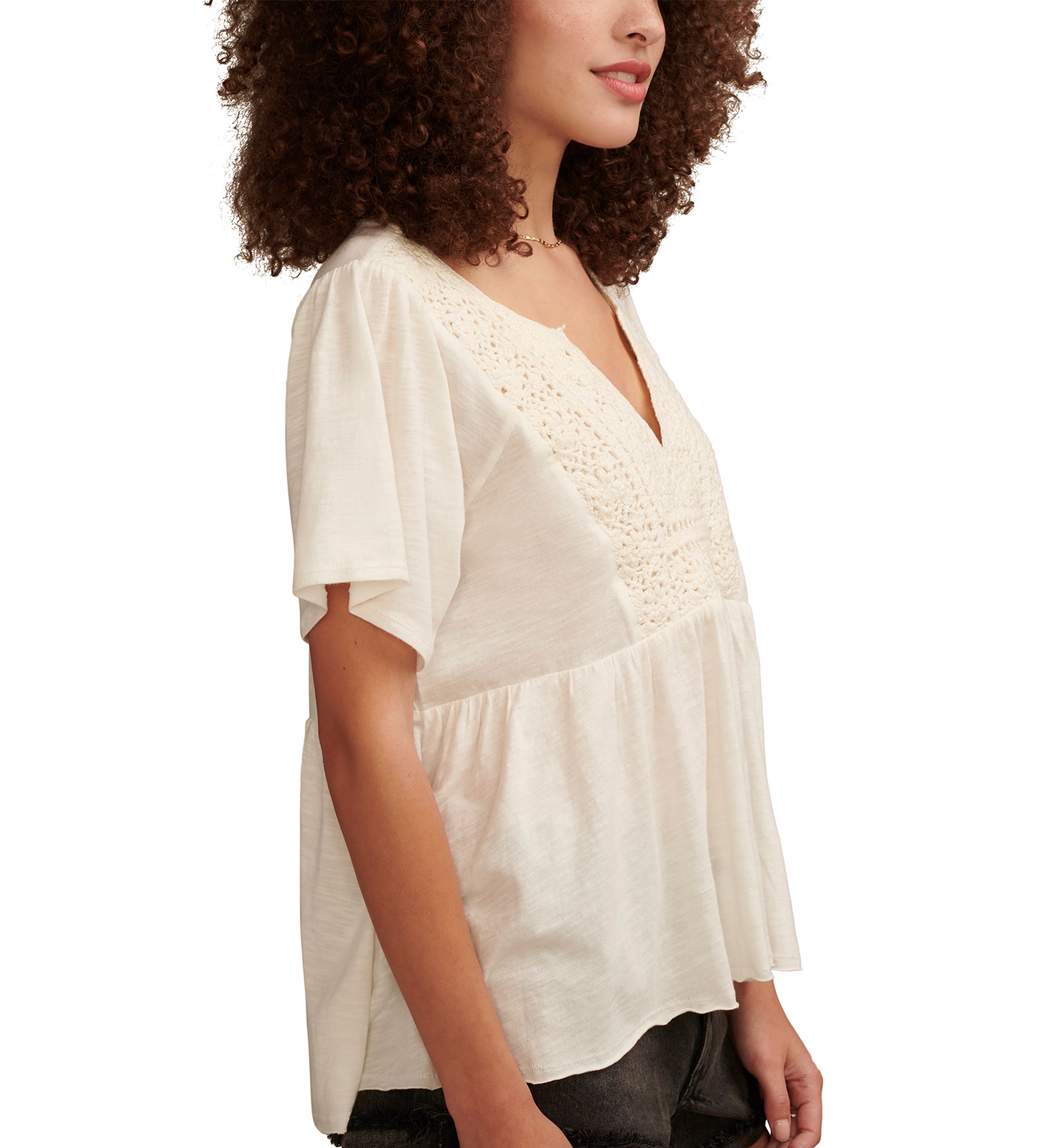 Short Sleeve Crochet Babydoll Knit Top