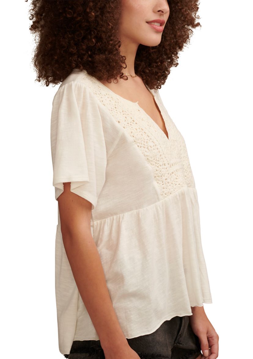 Short Sleeve Crochet Babydoll Knit Top