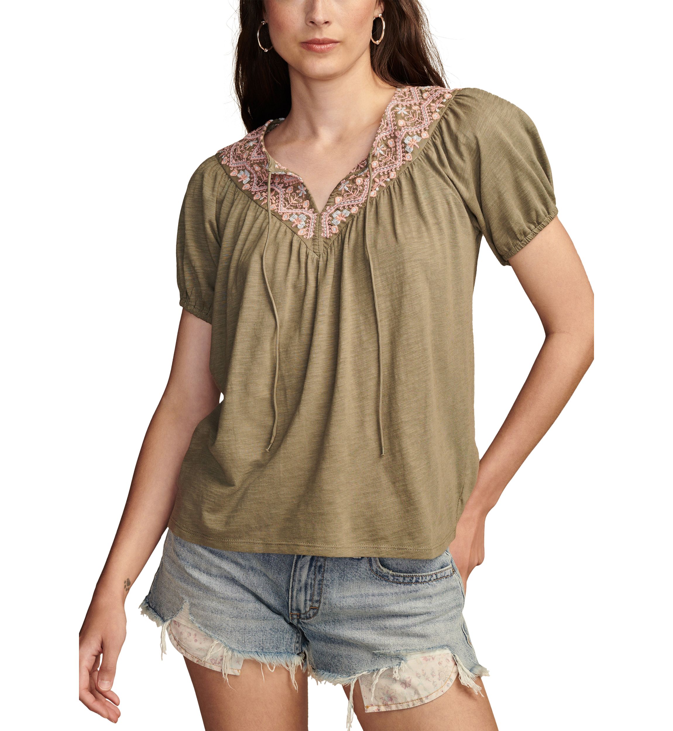 Womens Embroidered Knit Peasant Top