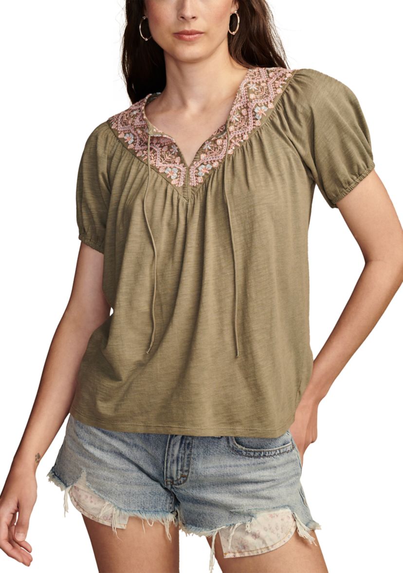 Womens Embroidered Knit Peasant Top
