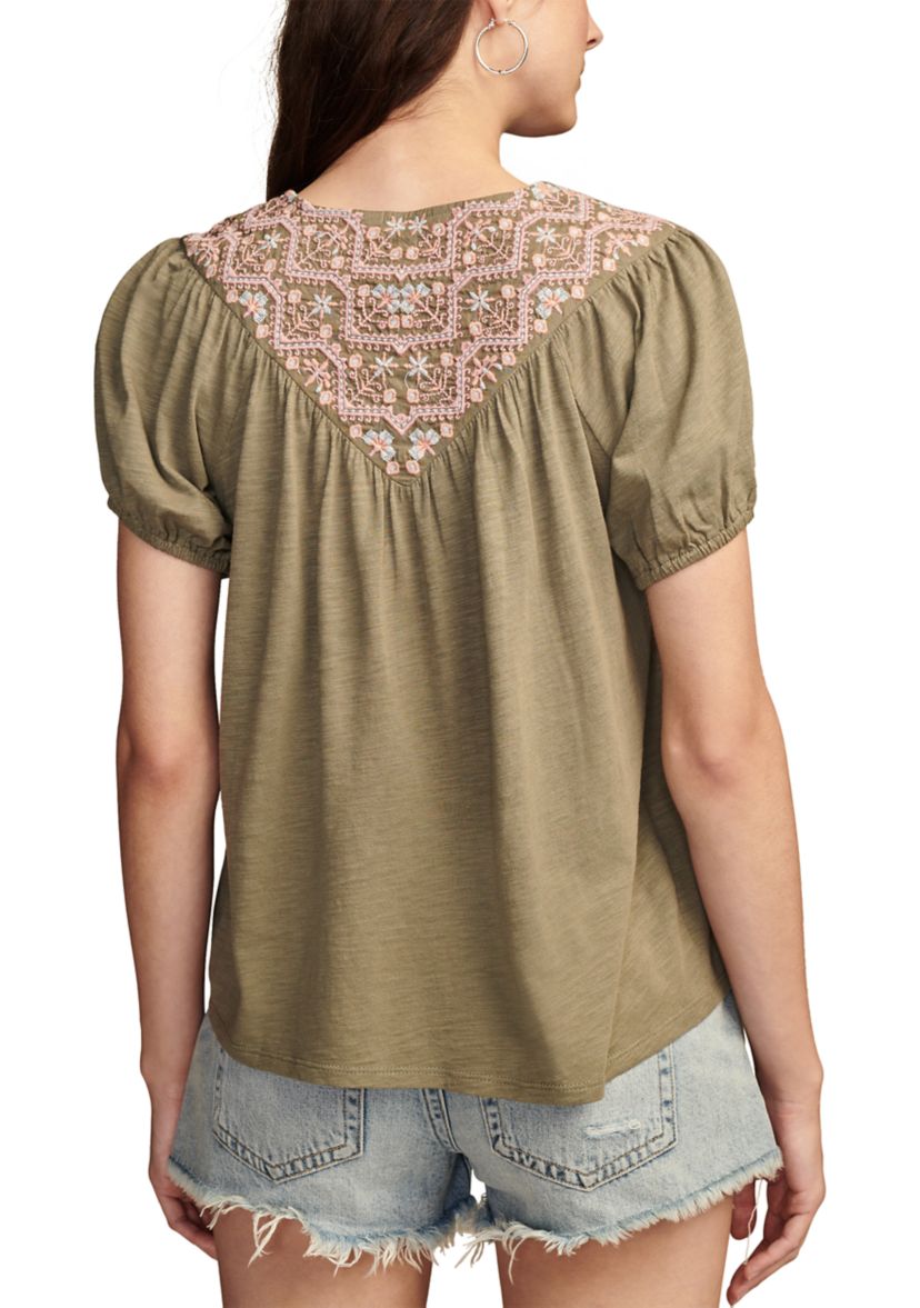 Womens Embroidered Knit Peasant Top