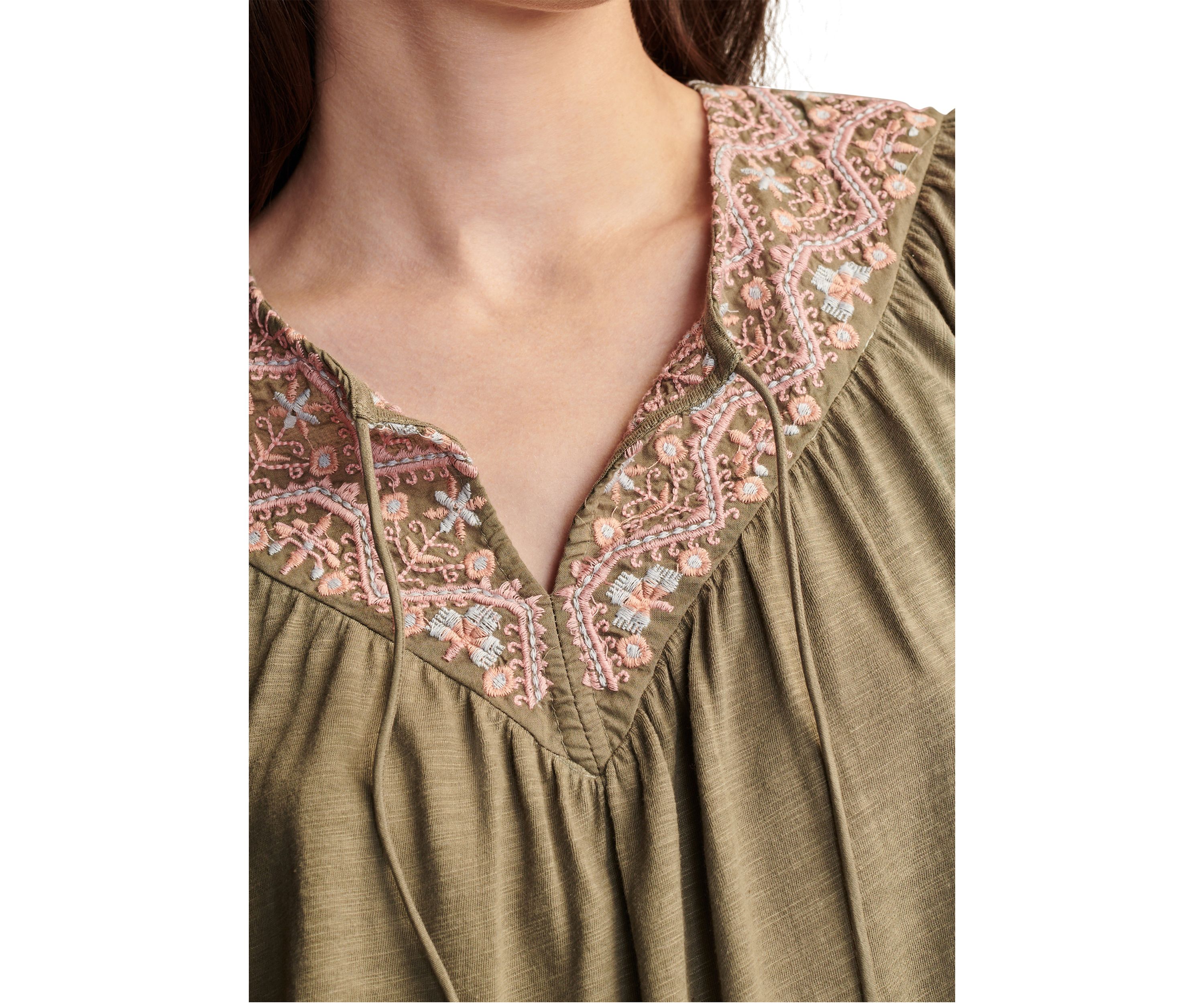 Womens Embroidered Knit Peasant Top