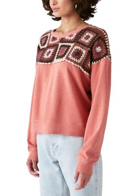 Long Sleeve Crochet Yoke Pullover Sweater