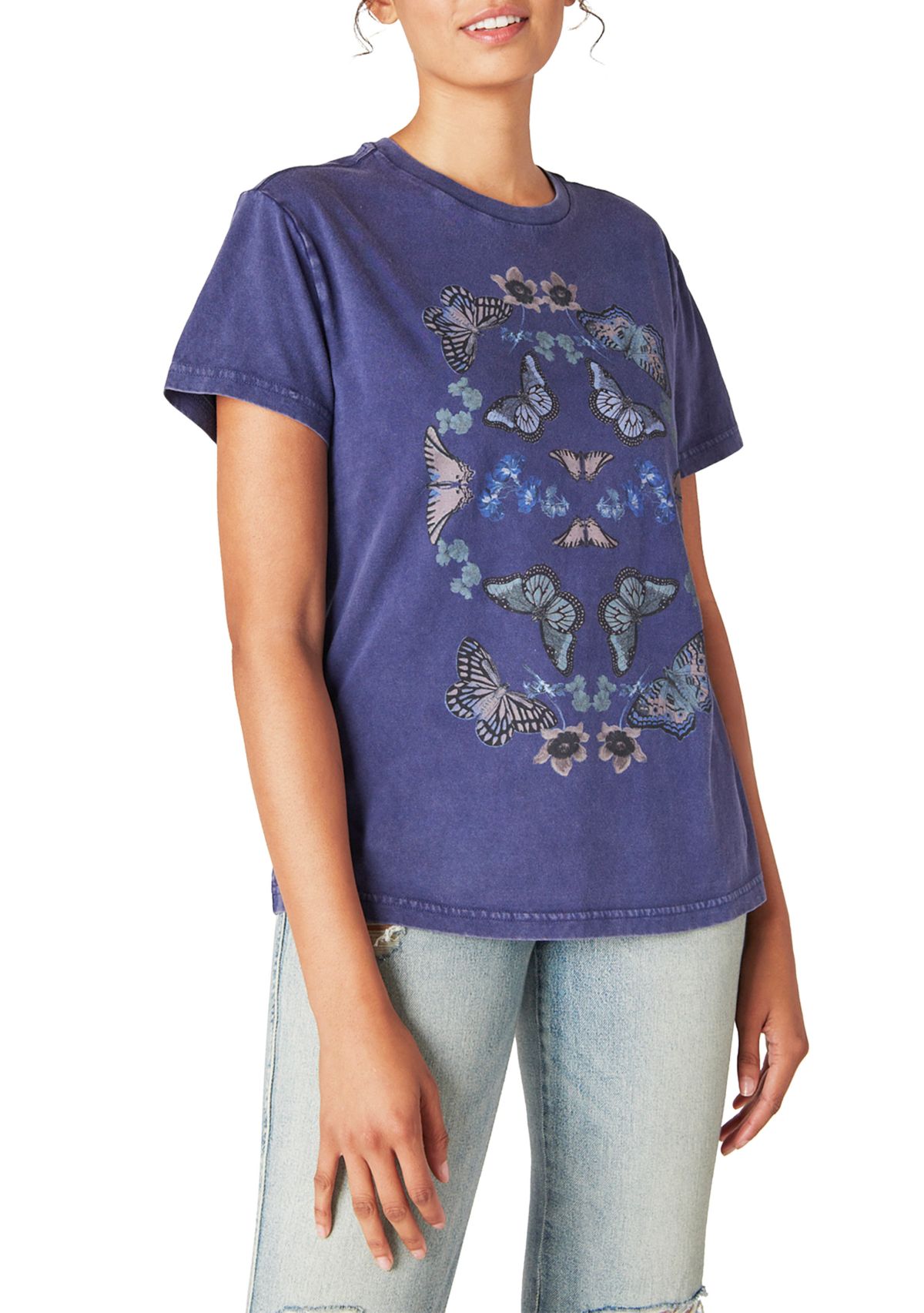 Womens Short Sleeve Butterflies Graphic Boyfriend Shirt 