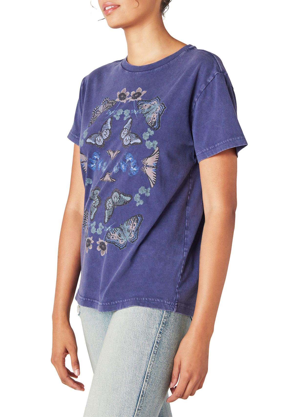 Womens Short Sleeve Butterflies Graphic Boyfriend Shirt 