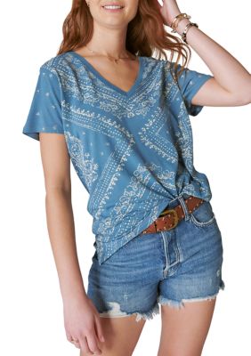 Lucky Brand Short Sleeve Mix Media V Neck Flutter Top, Tops, Clothing &  Accessories