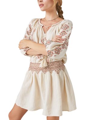 Embroidered Mini Peasant Dress