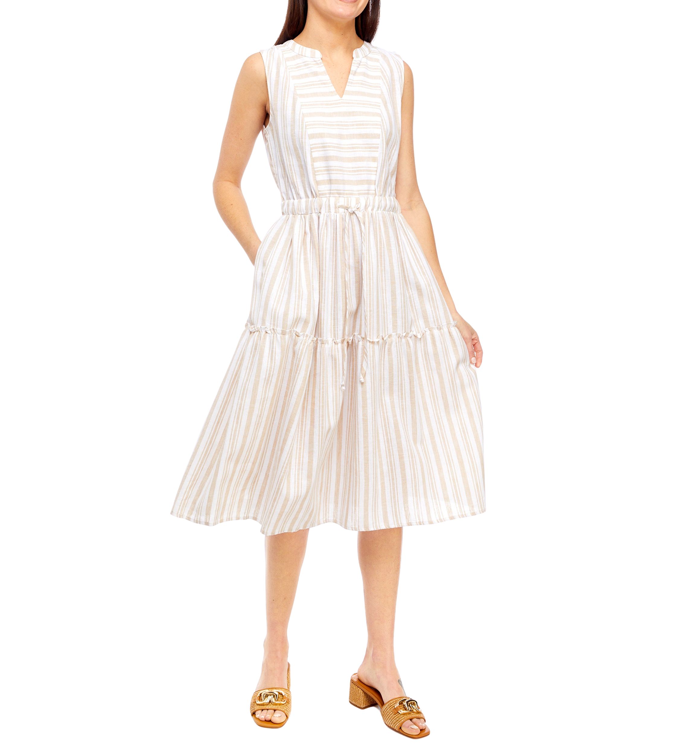 Petite Striped Tiered Sleeveless Split Neck Dress