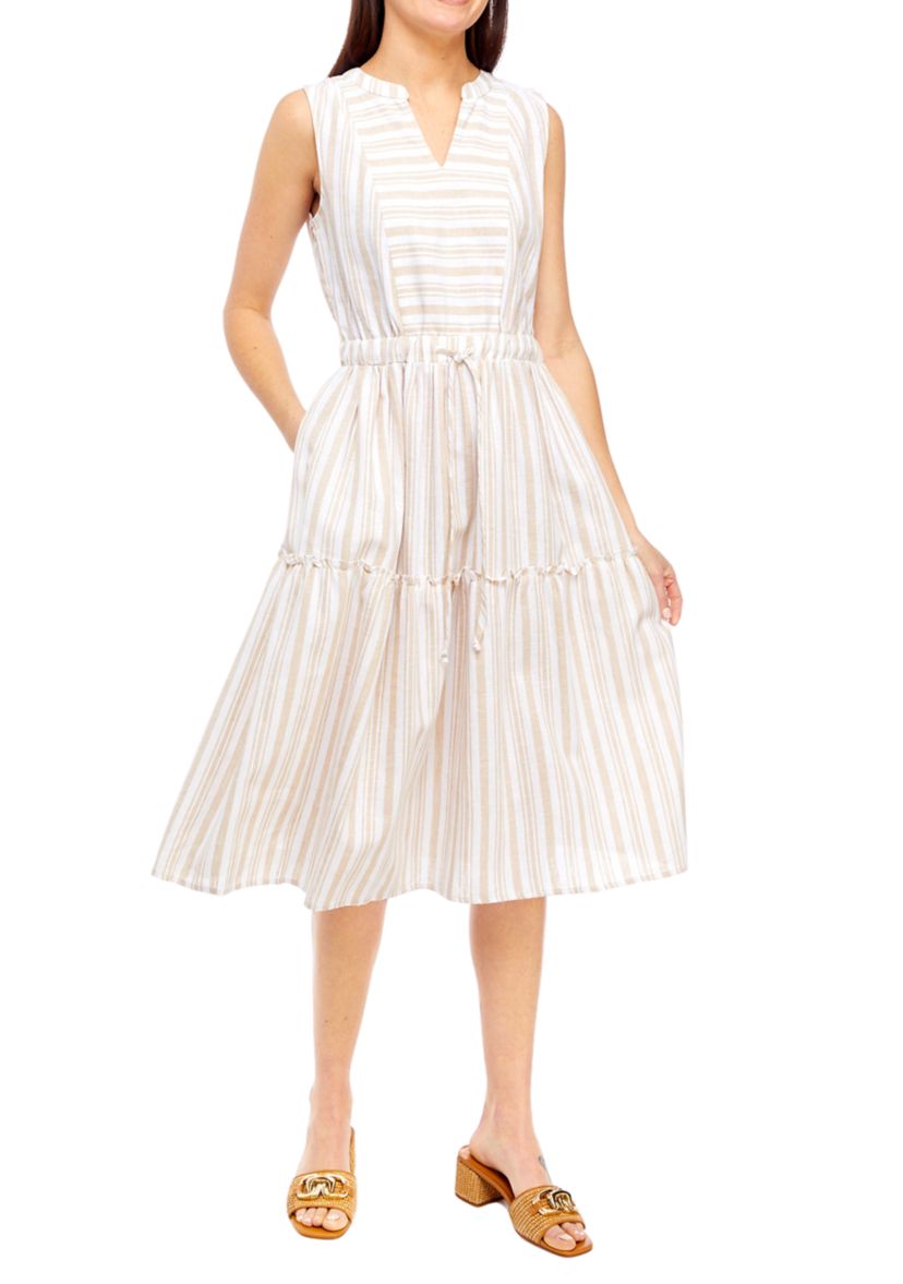 Petite Striped Tiered Sleeveless Split Neck Dress