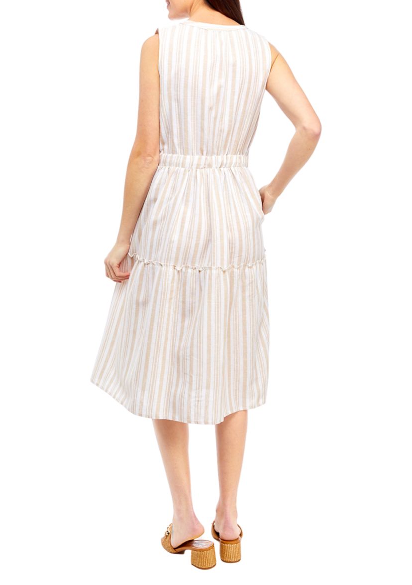 Petite Striped Tiered Sleeveless Split Neck Dress