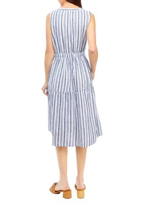 Petite Striped Tiered Sleeveless Split Neck Dress