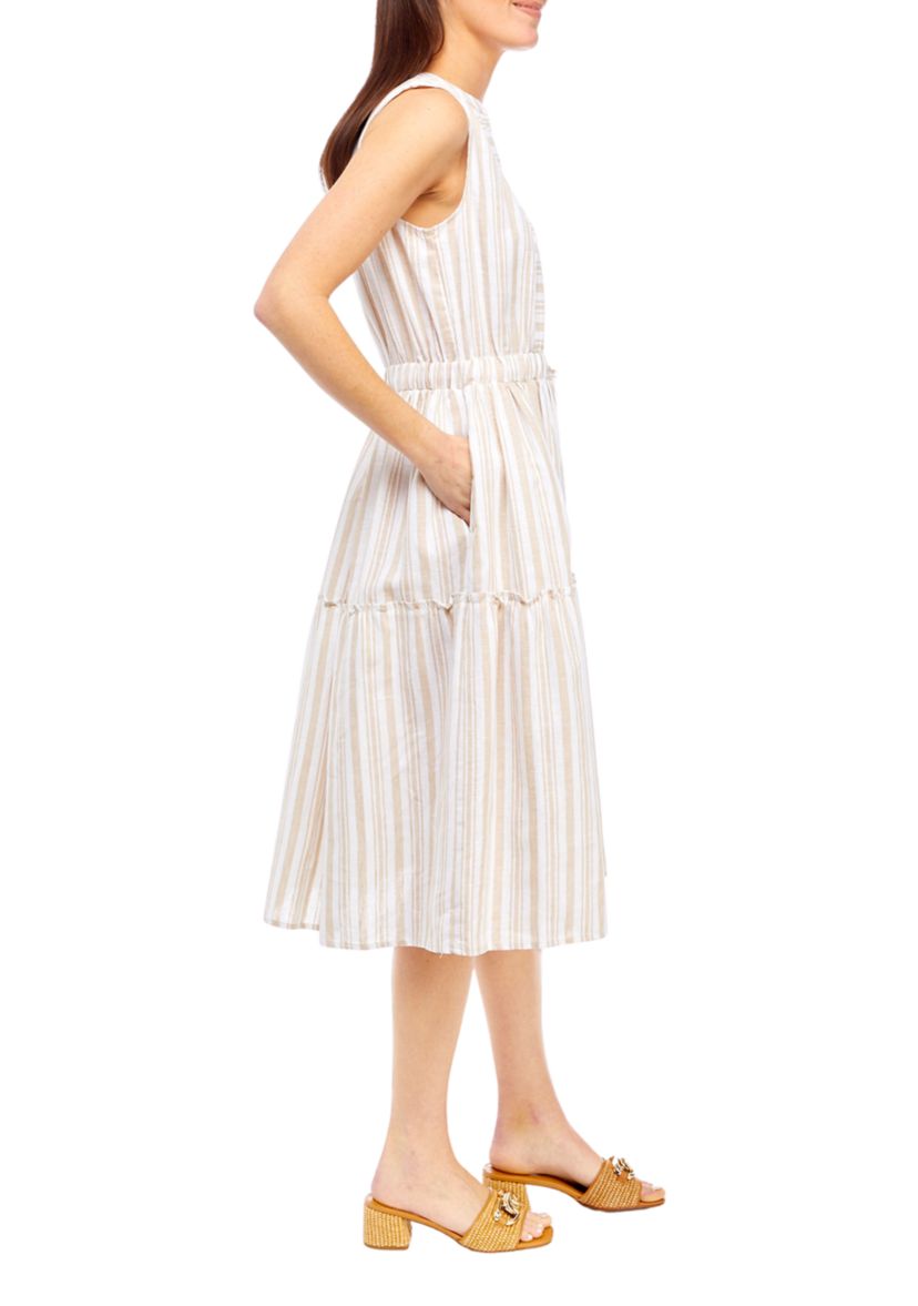 Petite Striped Tiered Sleeveless Split Neck Dress