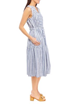 Petite Striped Tiered Sleeveless Split Neck Dress