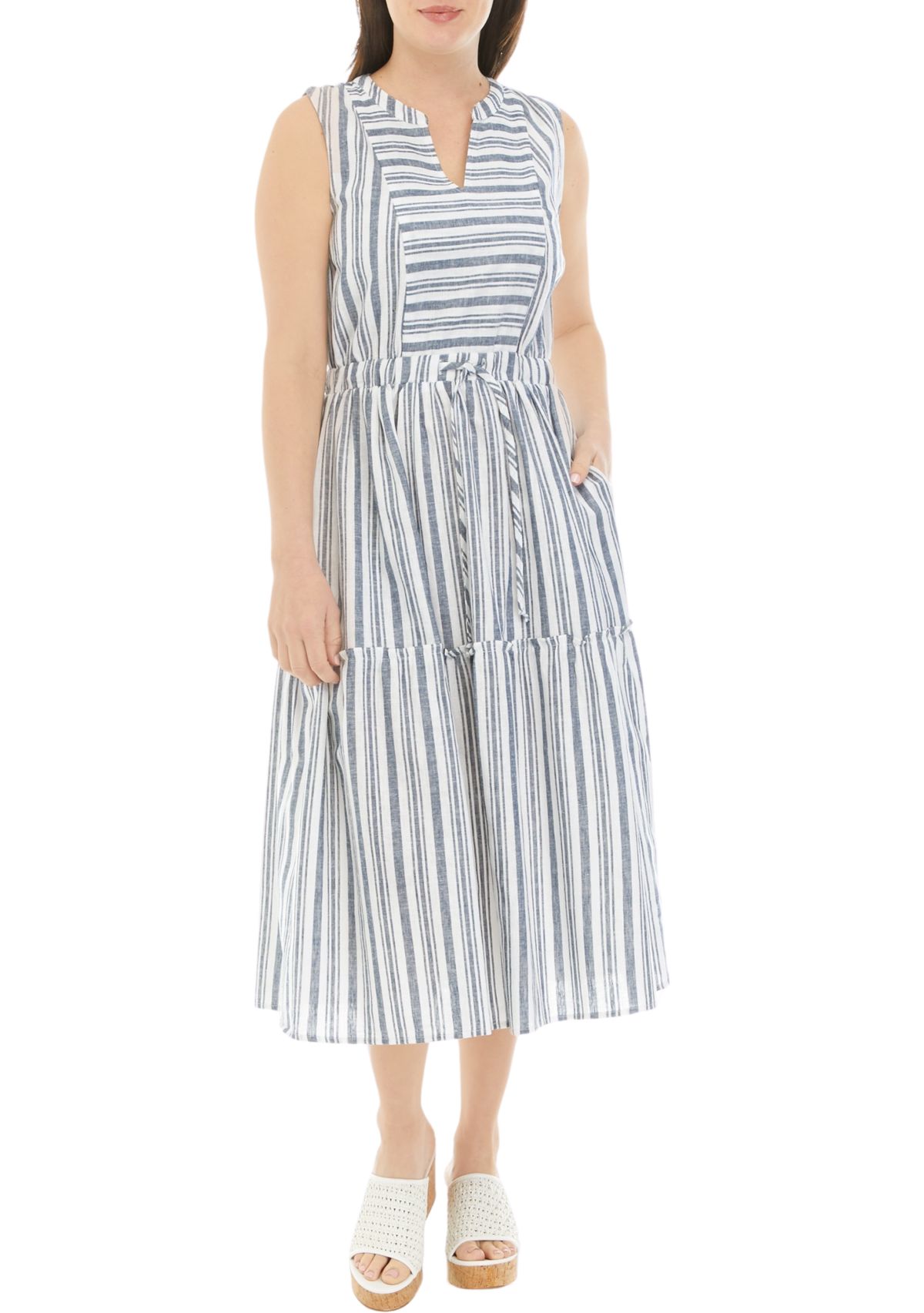 Womens Sleeveless Striped Tie Waist Dress