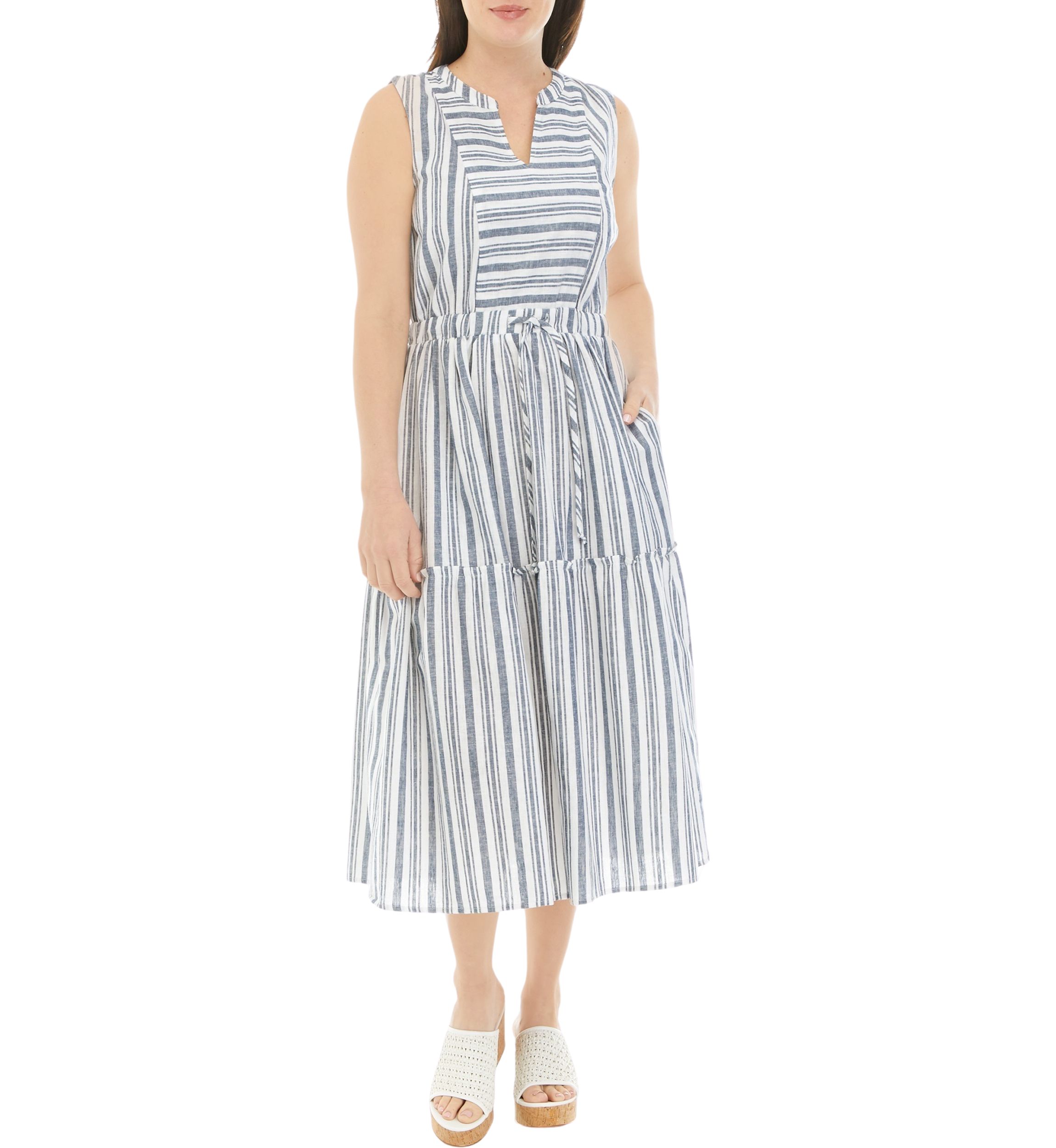 Womens Sleeveless Striped Tie Waist Dress