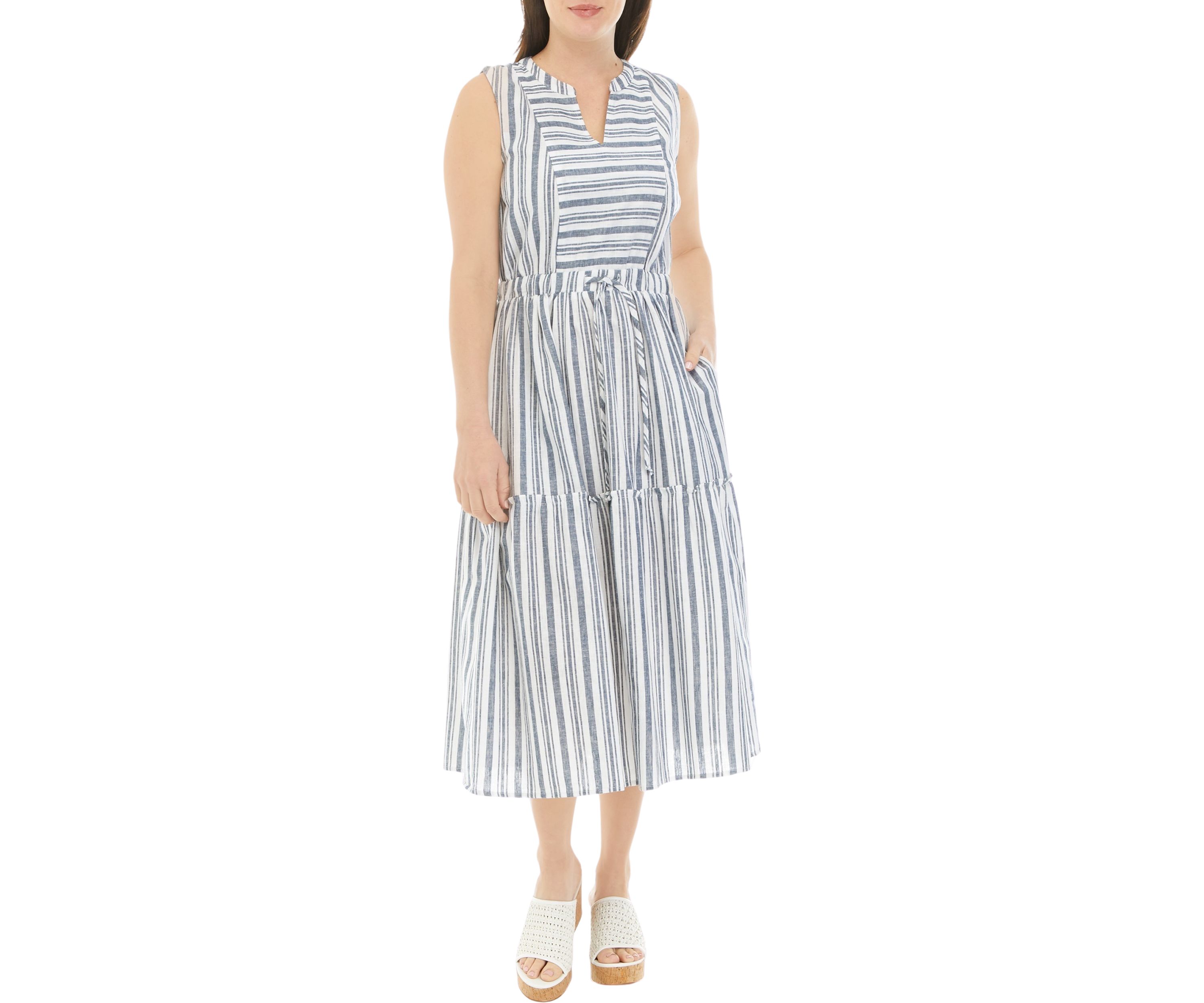 Womens Sleeveless Striped Tie Waist Dress