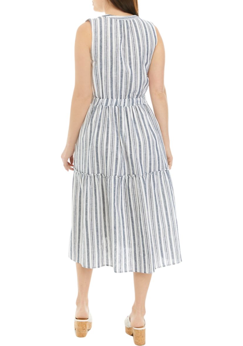 Womens Sleeveless Striped Tie Waist Dress